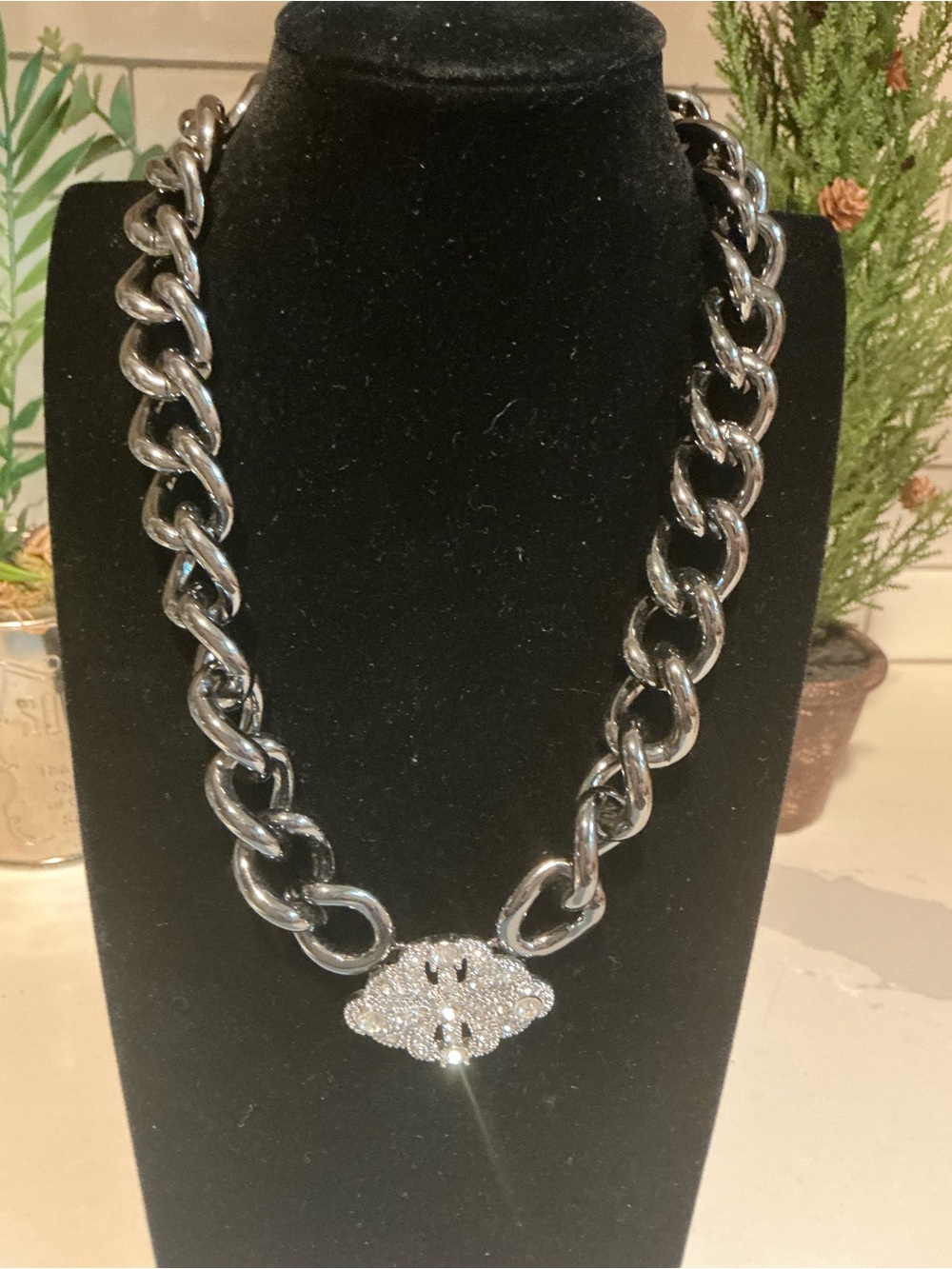 Silver Chain Necklace with Pave Crystal Clasp